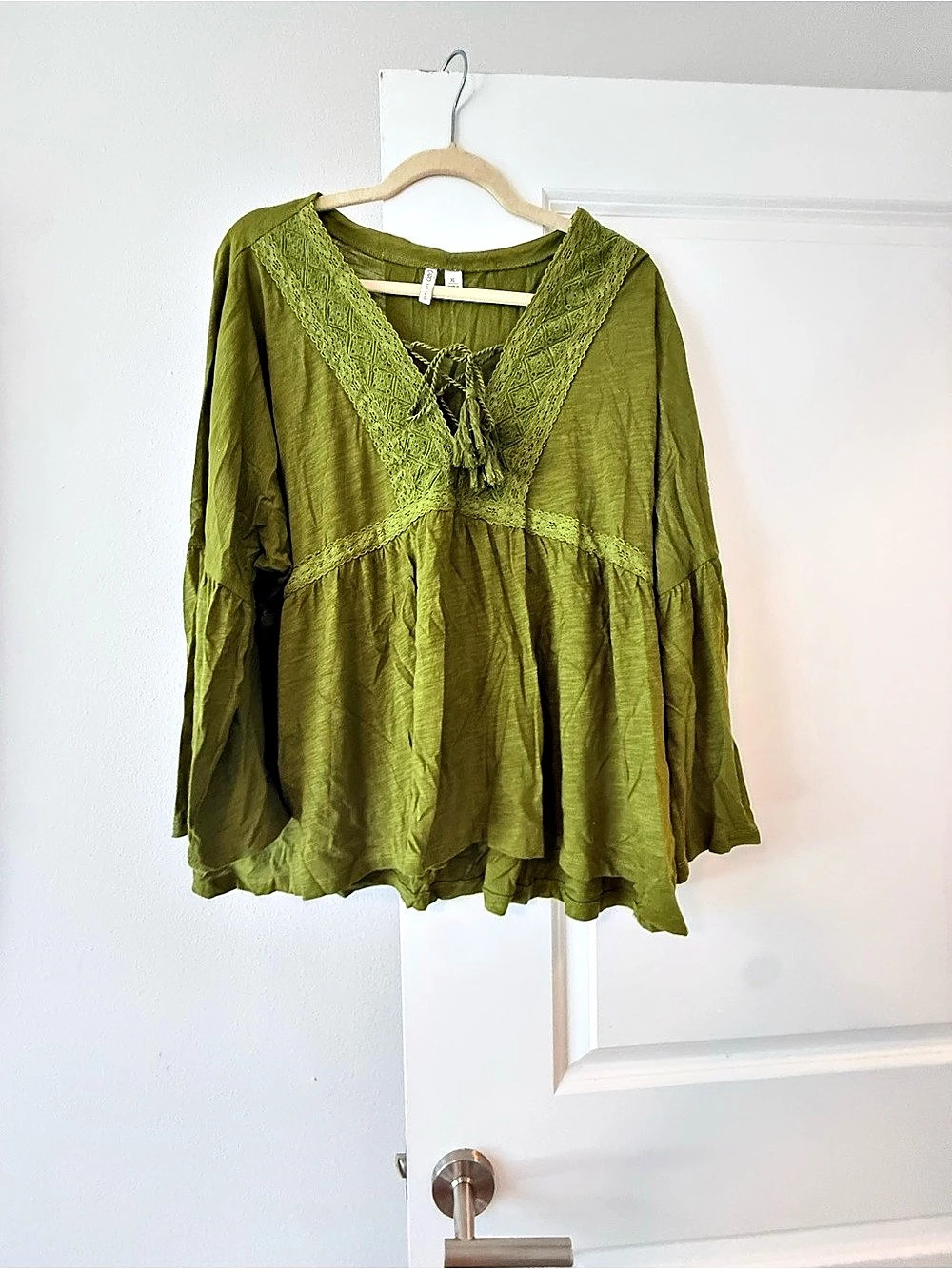 Cato Boho Lace Trim Blouse in Green Size XL